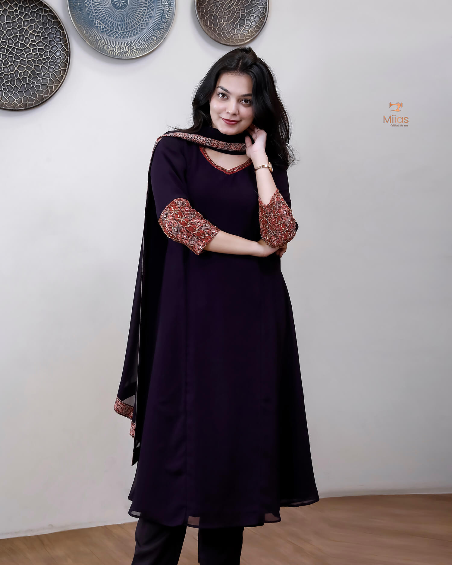 Georgette 3-Piece Set: Cut Bead & Mirror Embellished-Purple.