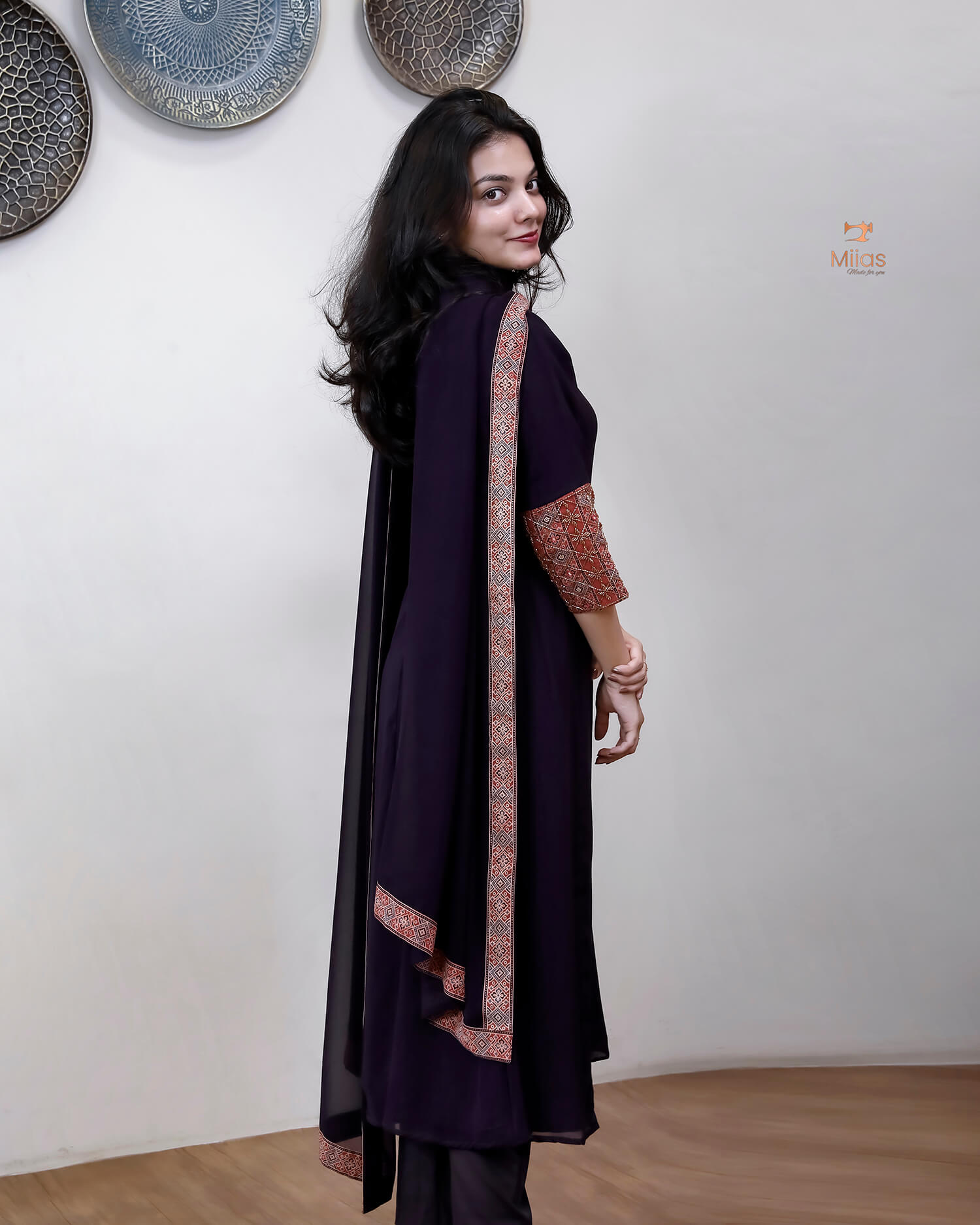 Georgette 3-Piece Set: Cut Bead & Mirror Embellished-Purple.