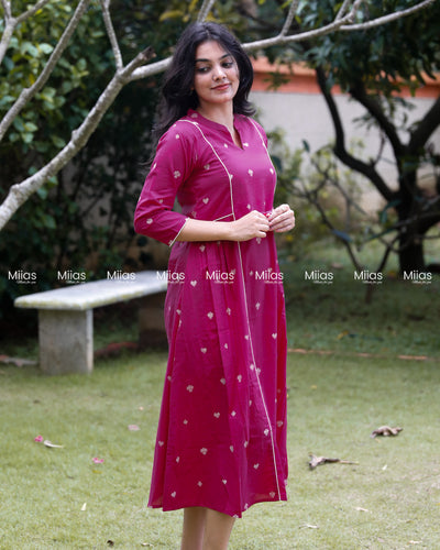Vintage Cotton 3-Panel Dress Kurti | Collar + Piping | Pink