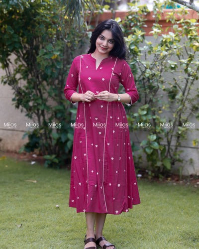 Vintage Cotton 3-Panel Dress Kurti | Collar + Piping | Pink