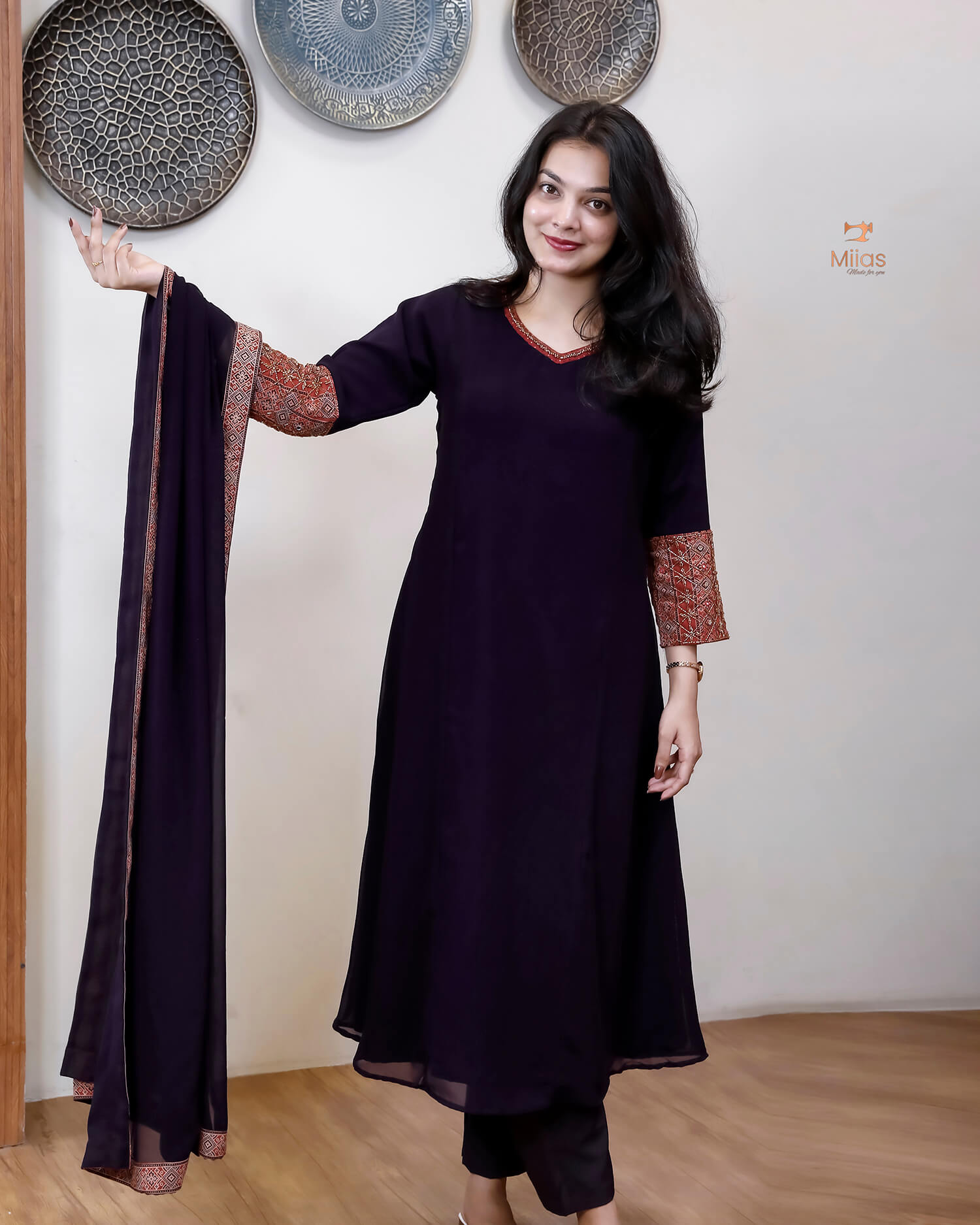 Georgette 3-Piece Set: Cut Bead & Mirror Embellished-Purple.