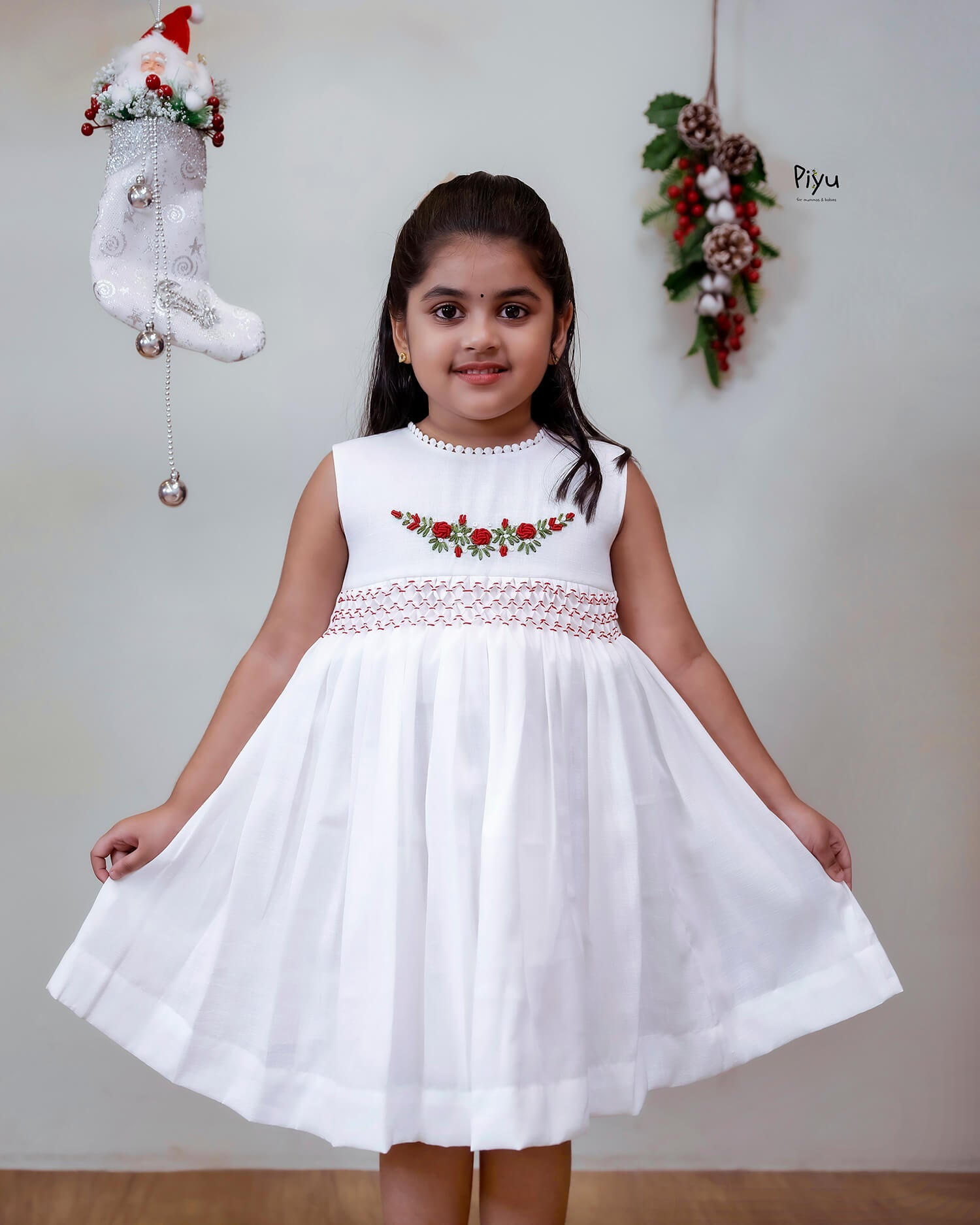 Linen-Cotton Frock | Hand-Embroidered Christmas Dress