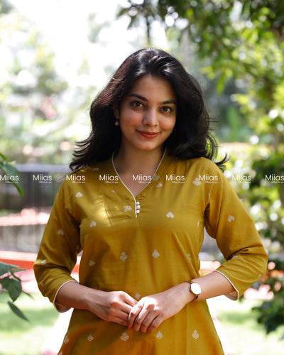 Vintage Cotton Slit Kurti | High Neck + Potli Button Detail | Mustard Yellow