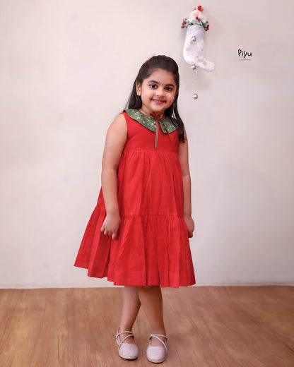 Chanderi Silk Layered Kids' Frock - Cotton Collar & Back Zip