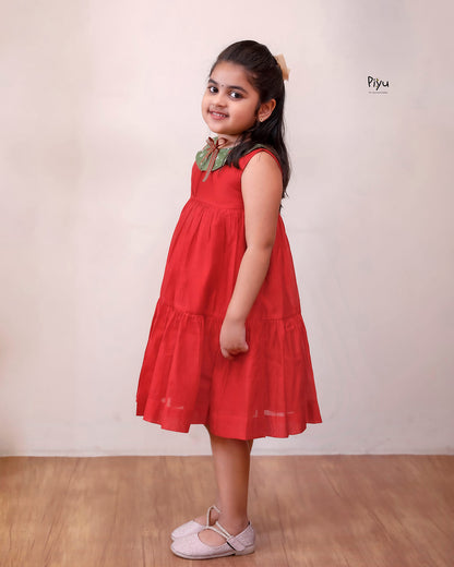 Chanderi Silk Layered Kids' Frock - Cotton Collar & Back Zip