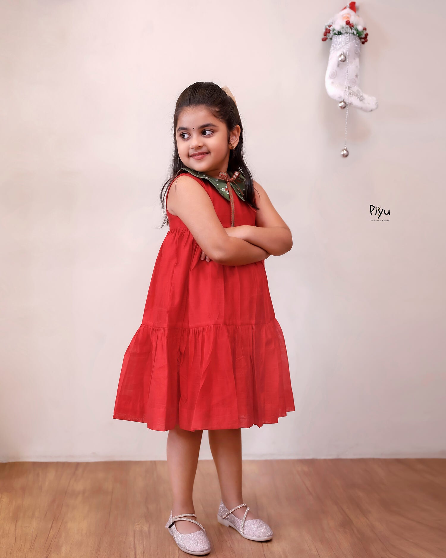 Chanderi Silk Layered Kids' Frock - Cotton Collar & Back Zip