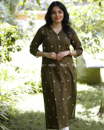 Vintage Cotton Slit Kurti | High Neck + Potli Button Detail | Dark Olive Green