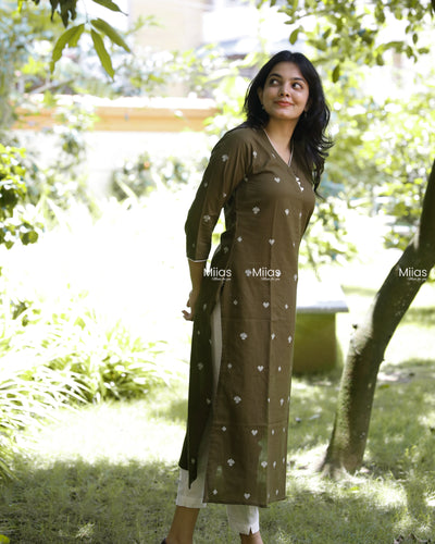 Vintage Cotton Slit Kurti | High Neck + Potli Button Detail | Dark Olive Green
