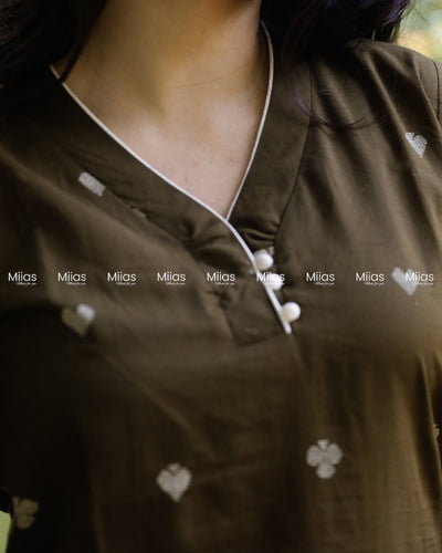 Vintage Cotton Slit Kurti | High Neck + Potli Button Detail | Dark Olive Green