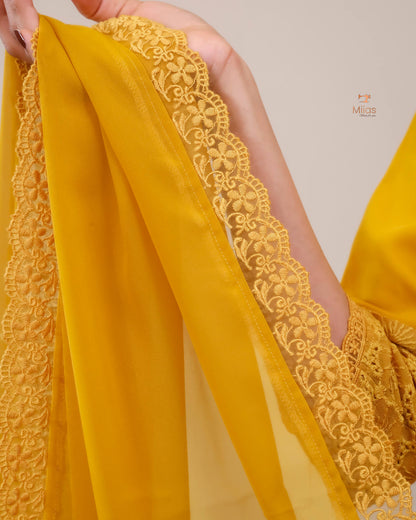 Georgette Hakoba Embroidered Top, Dupatta & Crepe Pant-Mustard Yellow.
