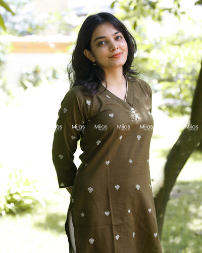 Vintage Cotton Slit Kurti | High Neck + Potli Button Detail | Dark Olive Green