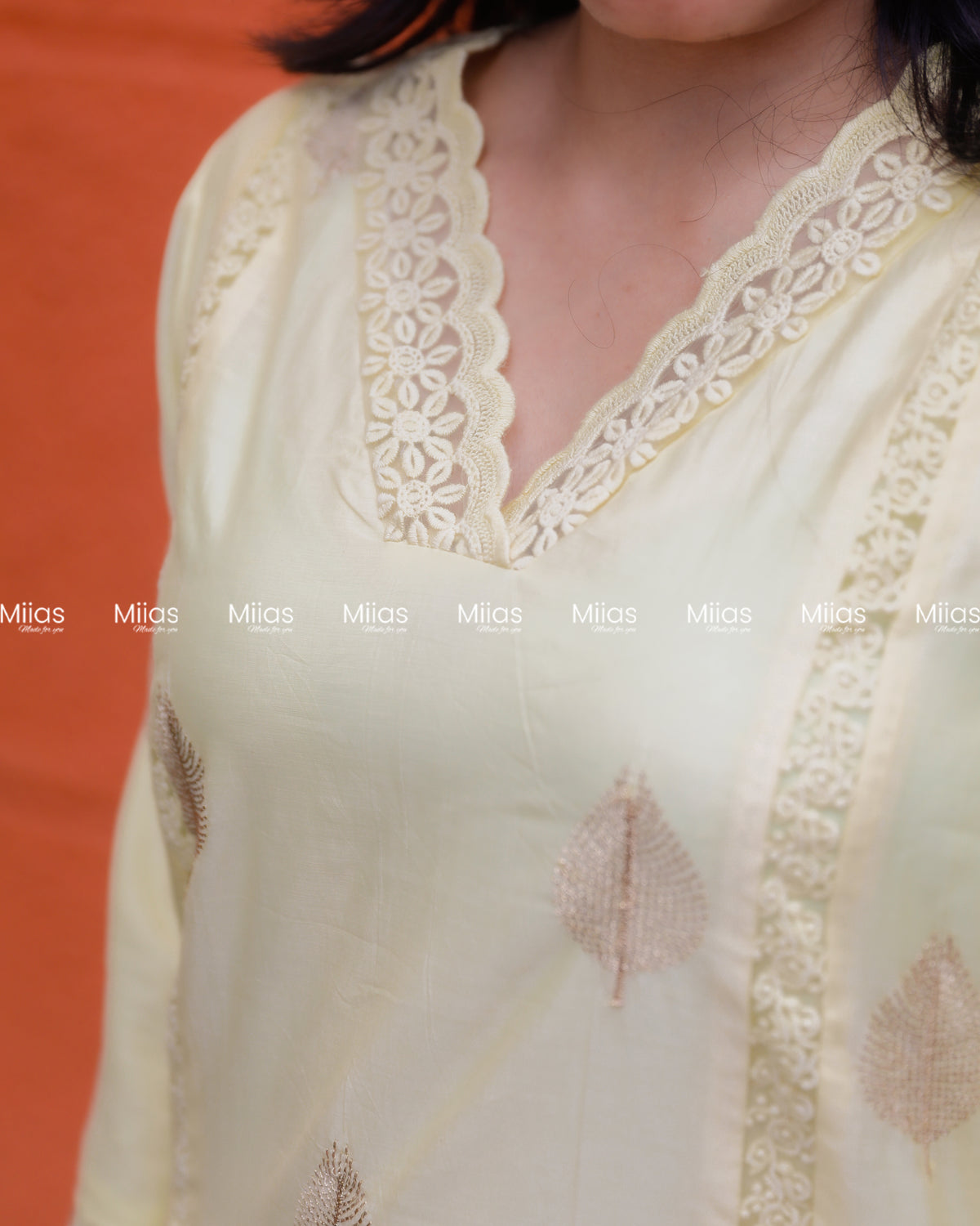 Mul Chanderi Slit Kurti | Zari 3-Panel + Lace Detail | Lemon Yellow