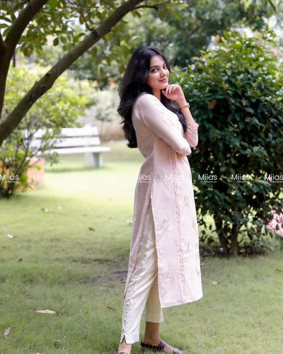 Mul Chanderi Slit Kurti | Zari 3-Panel + Lace Detail | Pastel Pink