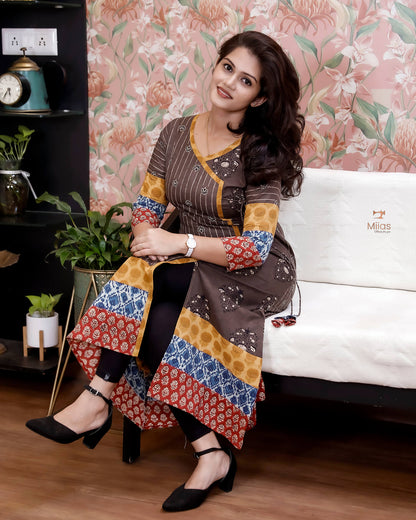 Cotton Ajrakh Kurti: Dual-Print Overlap Dress with Pockets
