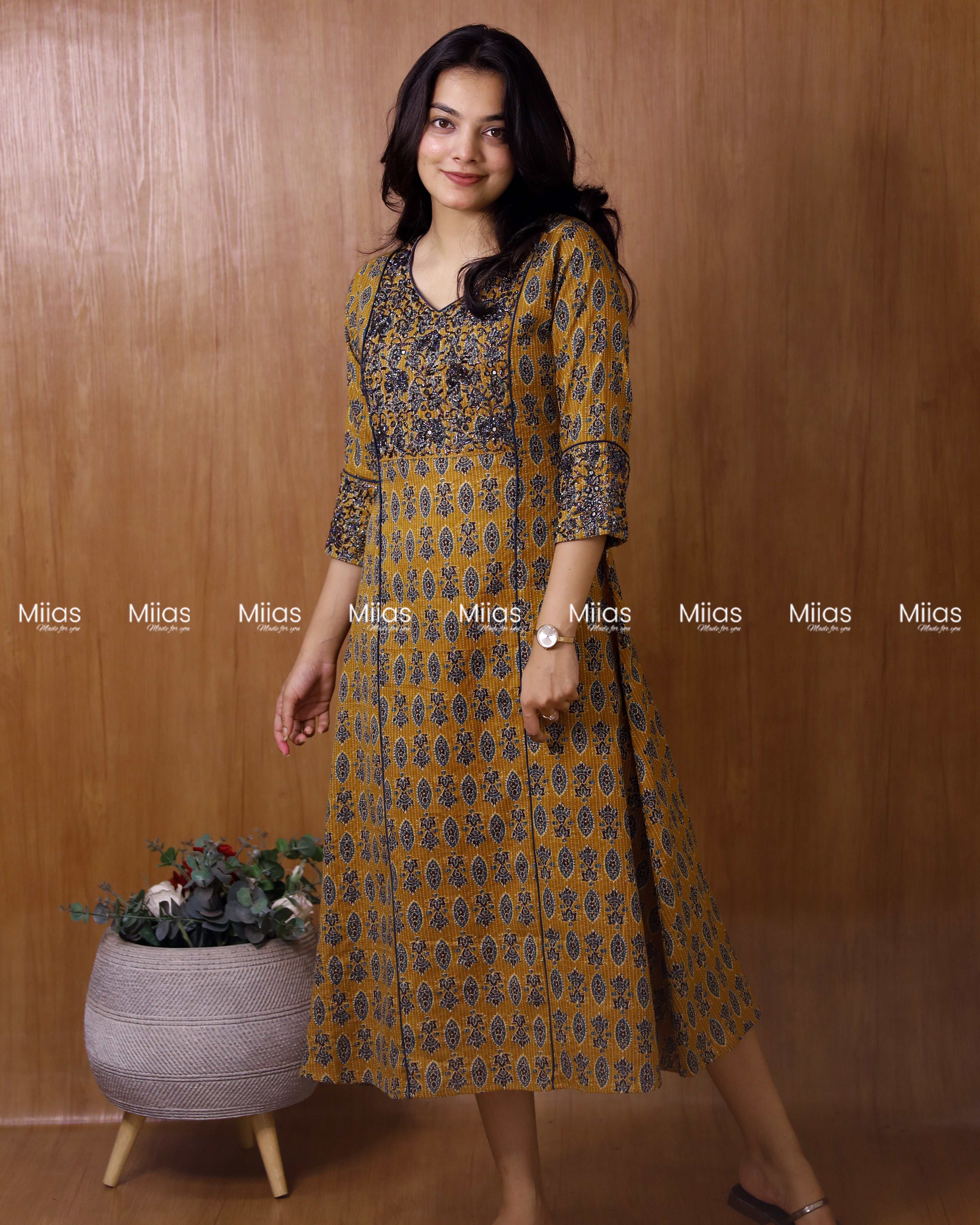 Kantha Cotton 3-Panel Kurti | Ajrakh Print + Beaded Yoke | Mustard Yellow
