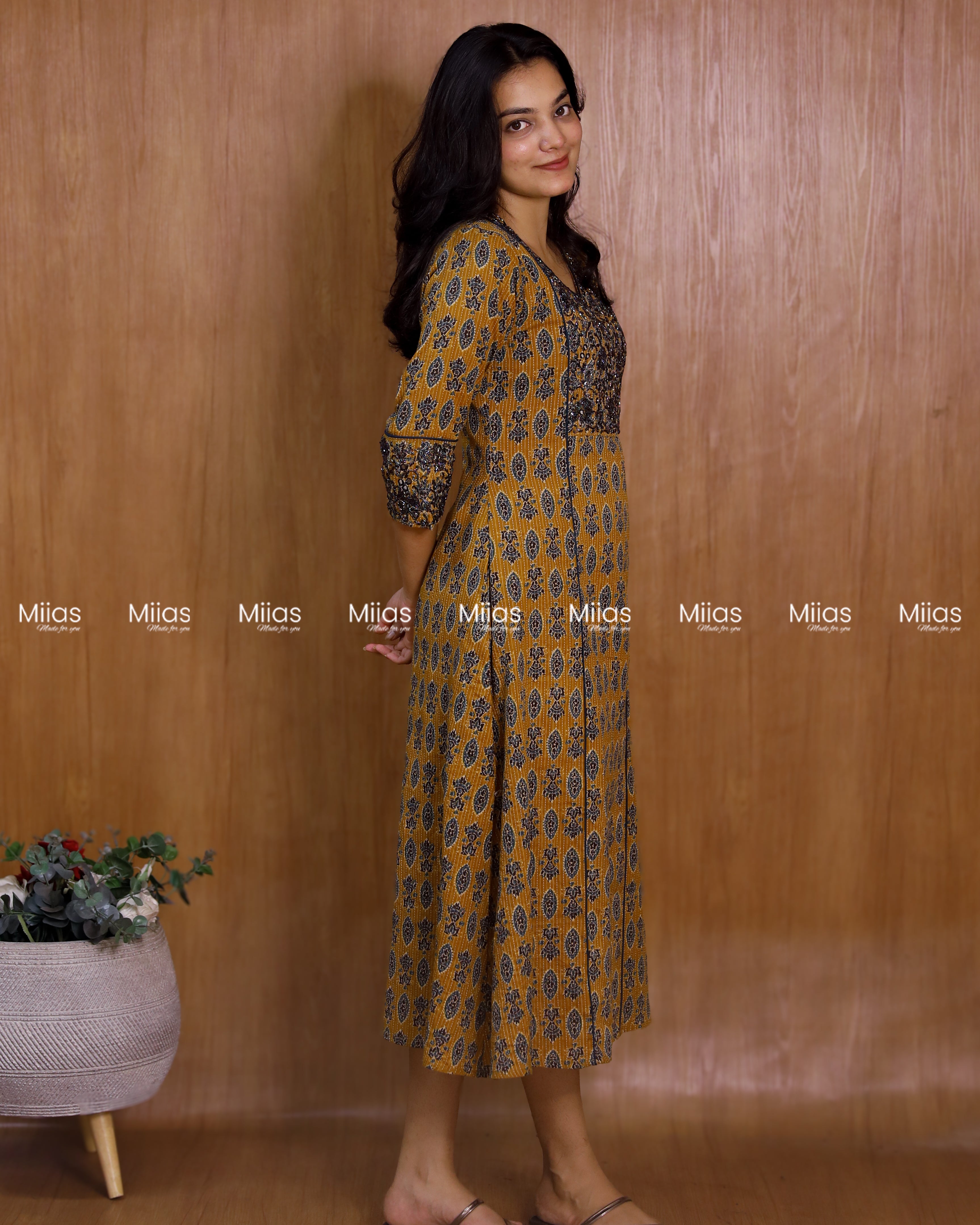 Kantha Cotton 3-Panel Kurti | Ajrakh Print + Beaded Yoke | Mustard Yellow