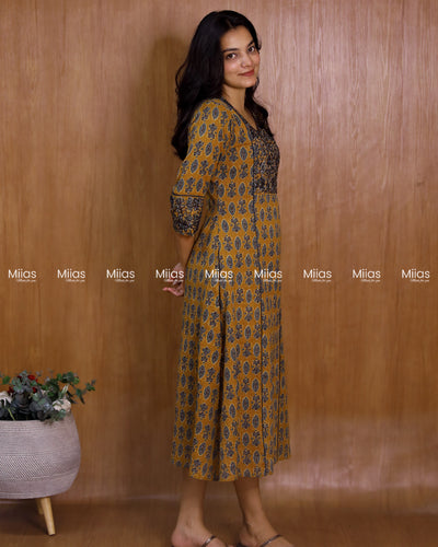 Kantha Cotton 3-Panel Kurti | Ajrakh Print + Beaded Yoke | Mustard Yellow