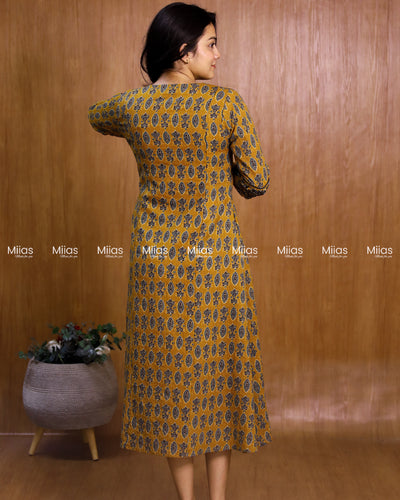 Kantha Cotton 3-Panel Kurti | Ajrakh Print + Beaded Yoke | Mustard Yellow