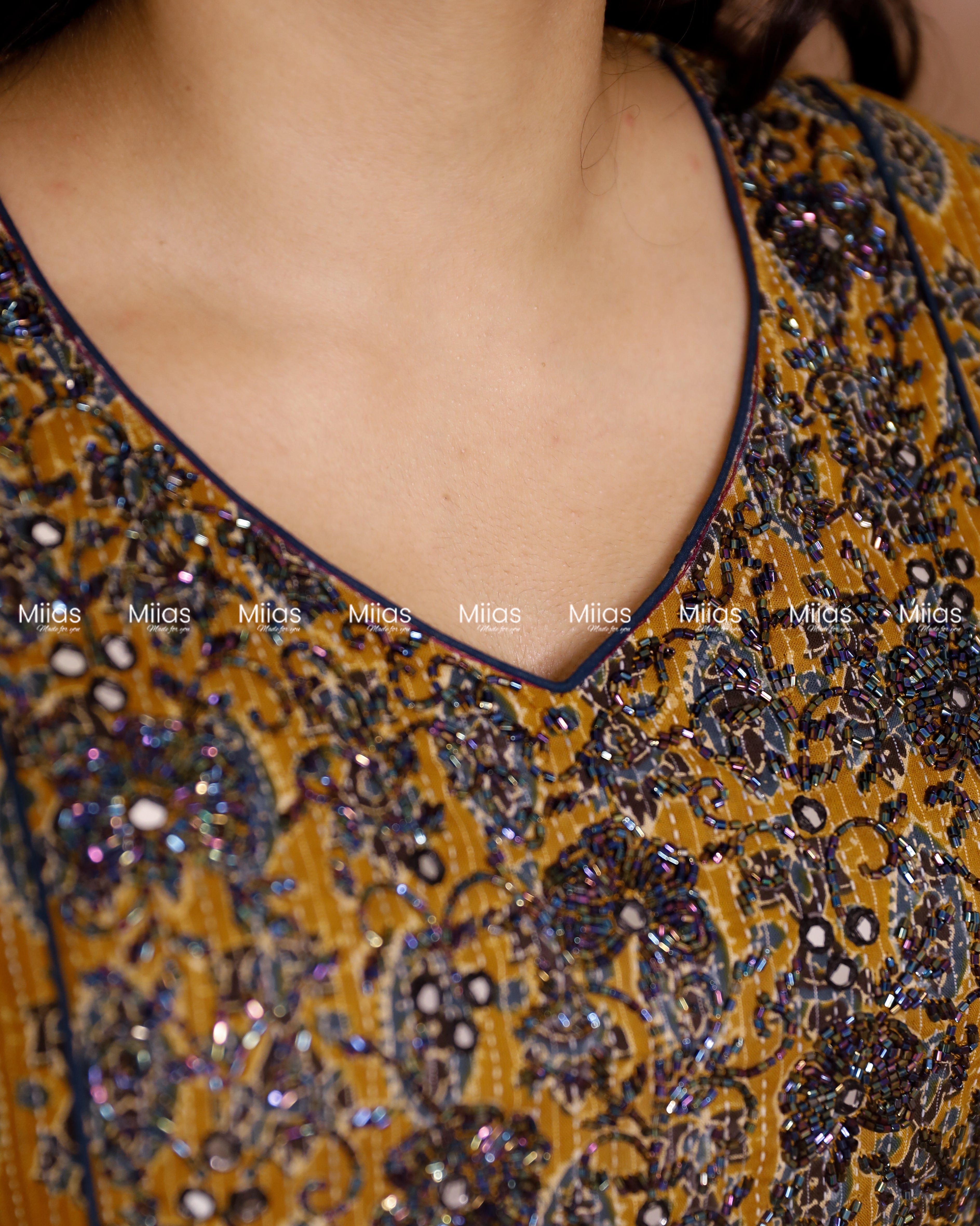 Kantha Cotton 3-Panel Kurti | Ajrakh Print + Beaded Yoke | Mustard Yellow
