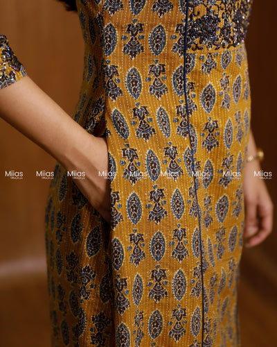 Kantha Cotton 3-Panel Kurti | Ajrakh Print + Beaded Yoke | Mustard Yellow