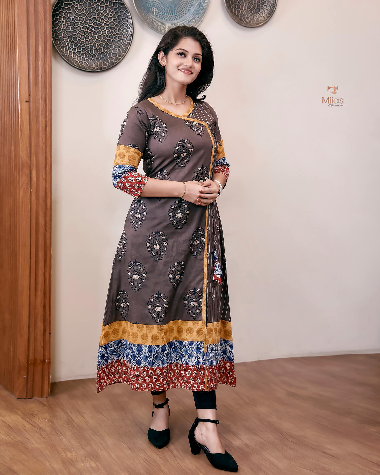 Cotton Ajrakh Kurti: Dual-Print Overlap Dress with Pockets-Inverted Print.