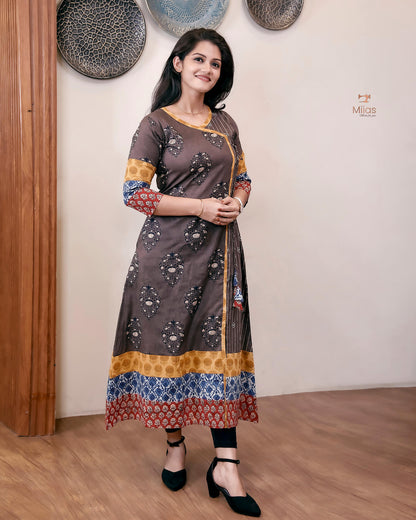 Cotton Ajrakh Kurti: Dual-Print Overlap Dress with Pockets-Inverted Print.