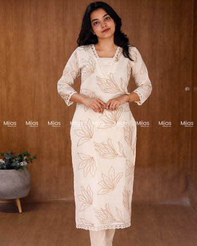 Kora Cotton Slit Kurti | Threadwork + Lining | Off White with Yellow