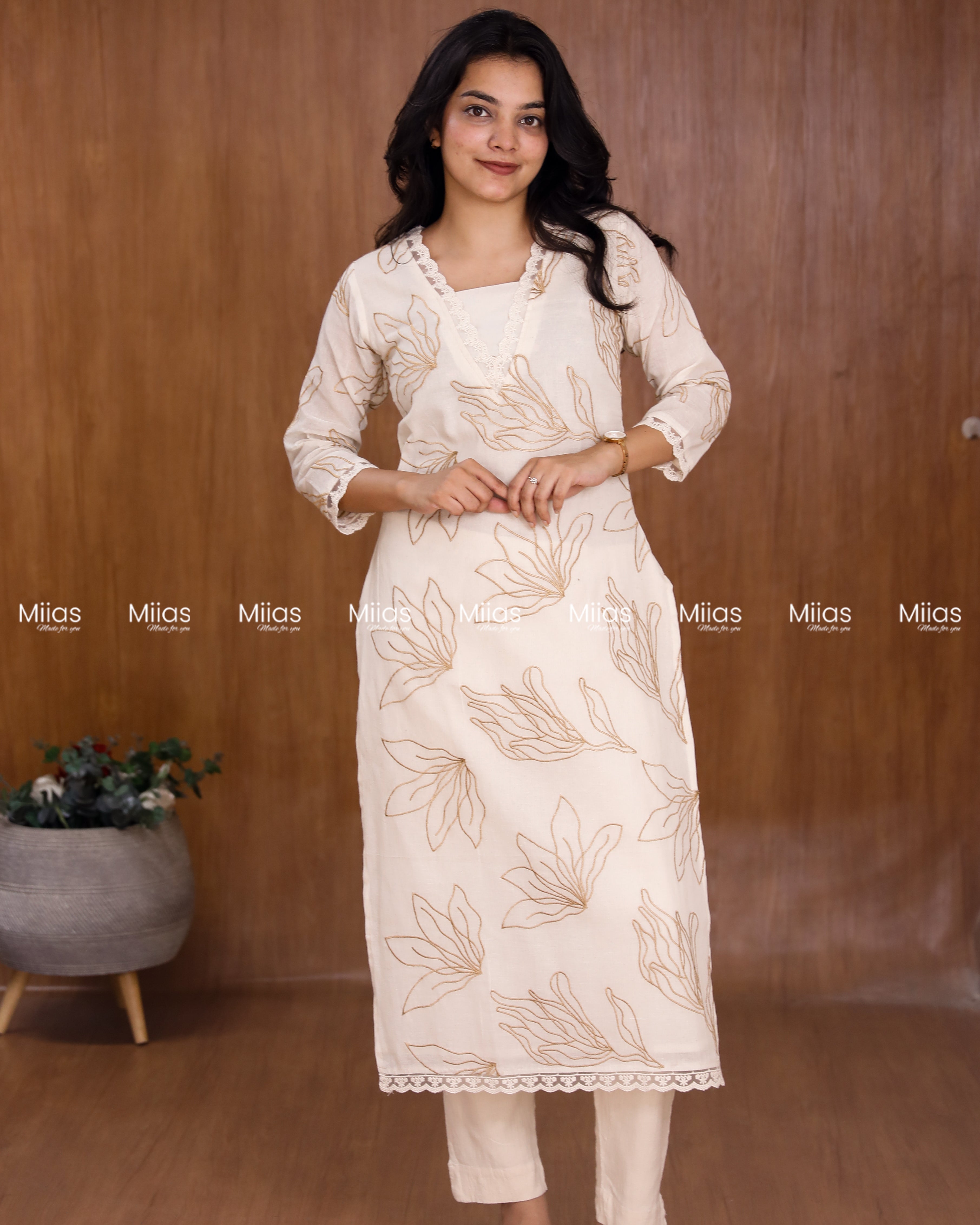 Kora Cotton Slit Kurti | Threadwork + Lining | Off White with Yellow