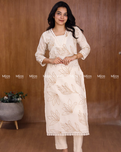 Kora Cotton Slit Kurti | Threadwork + Lining | Off White with Yellow