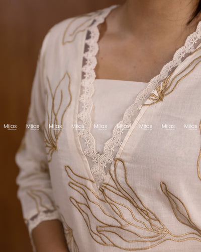 Kora Cotton Slit Kurti | Threadwork + Lining | Off White with Yellow