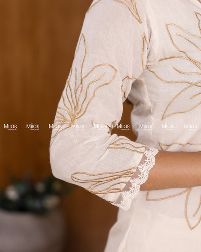 Kora Cotton Slit Kurti | Threadwork + Lining | Off White with Yellow