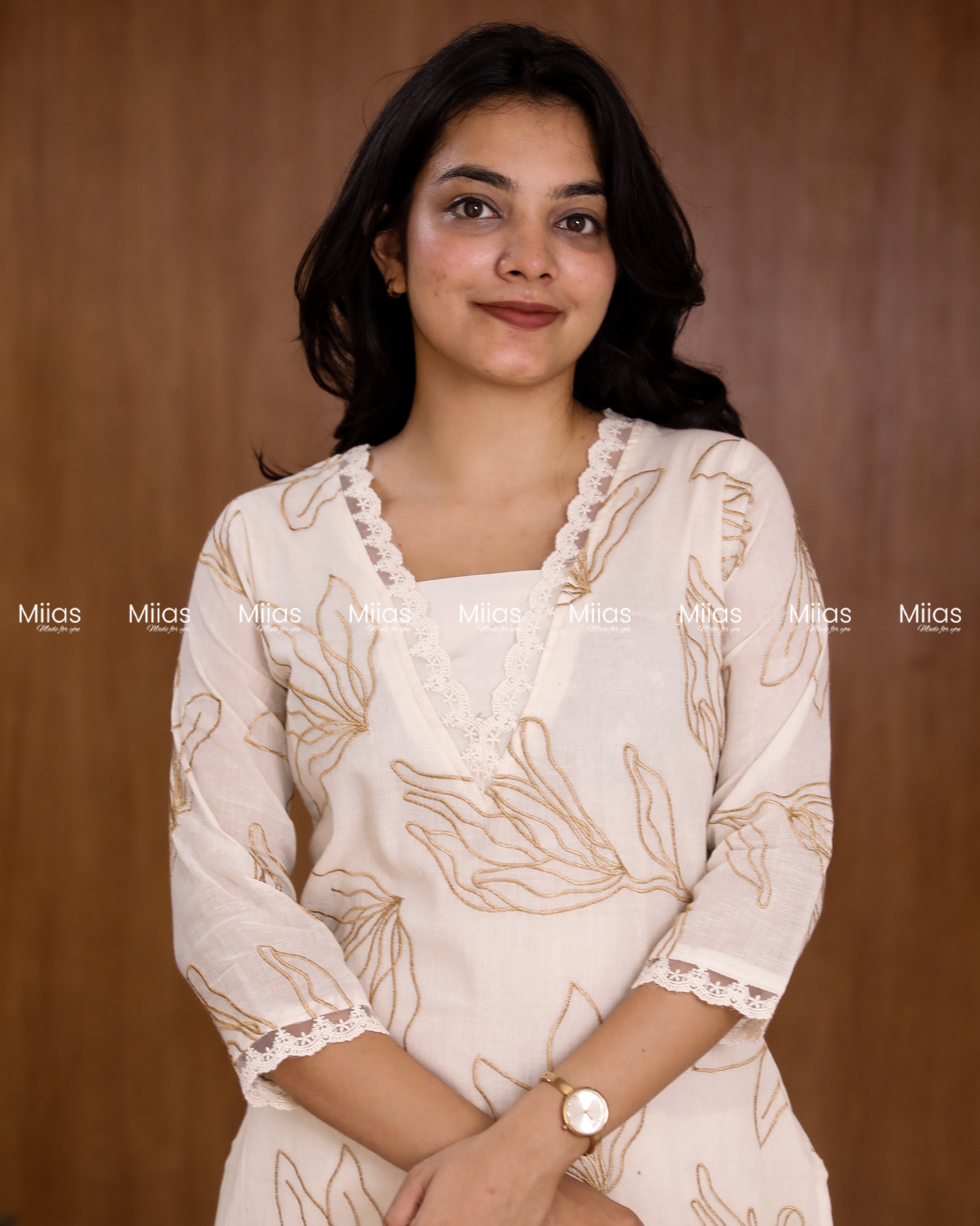 Kora Cotton Slit Kurti | Threadwork + Lining | Off White with Yellow