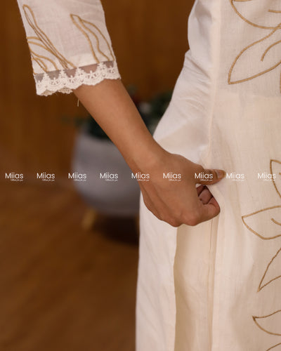 Kora Cotton Slit Kurti | Threadwork + Lining | Off White with Yellow