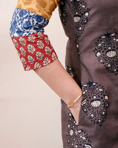 Cotton Ajrakh Kurti: Dual-Print Overlap Dress with Pockets-Inverted Print.