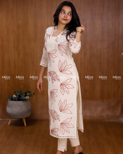Kora Cotton Slit Kurti | Threadwork + Lining | Off White with Red