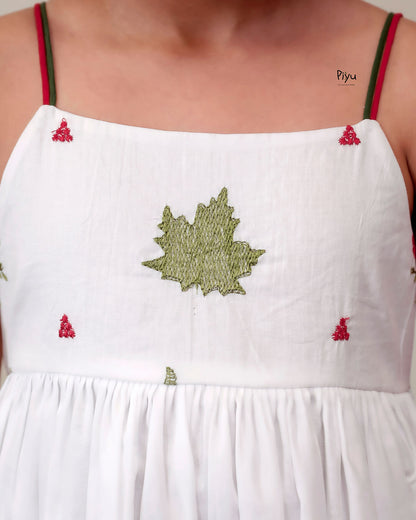 Mul Cotton Frock | Embroidered Yoke & Noodle Strap Sleeves-White.