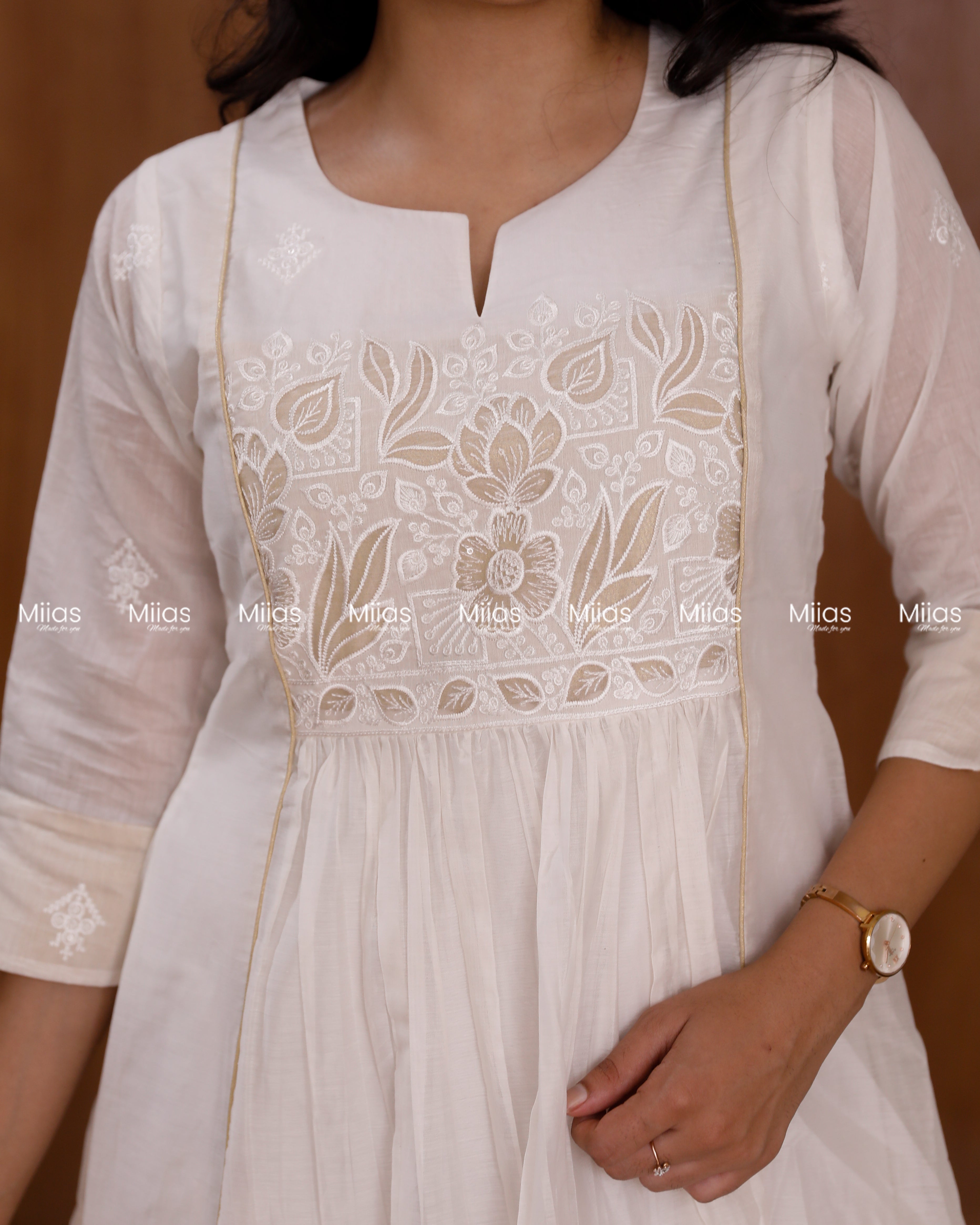 Mul Chanderi 3-Panel Dress Kurti | Zari Cutwork + Pleats | Ivory