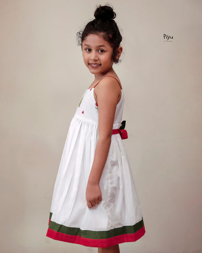 Mul Cotton Frock | Embroidered Yoke & Noodle Strap Sleeves-White.