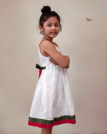Mul Cotton Frock | Embroidered Yoke & Noodle Strap Sleeves-White.