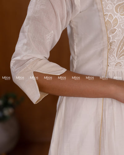 Mul Chanderi 3-Panel Dress Kurti | Zari Cutwork + Pleats | Ivory