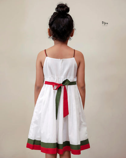 Mul Cotton Frock | Embroidered Yoke & Noodle Strap Sleeves-White.
