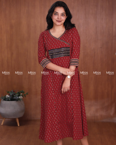Ajrakh Cotton 3-Panel Kurti | Beaded Yoke + Contrast Piping | Brick Red