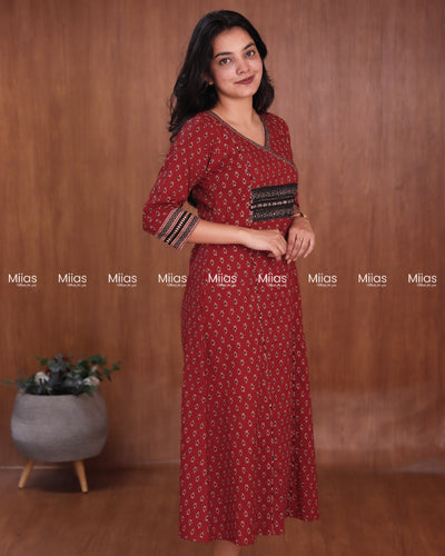 Ajrakh Cotton 3-Panel Kurti | Beaded Yoke + Contrast Piping | Brick Red