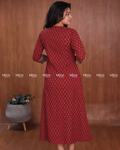 Ajrakh Cotton 3-Panel Kurti | Beaded Yoke + Contrast Piping | Brick Red