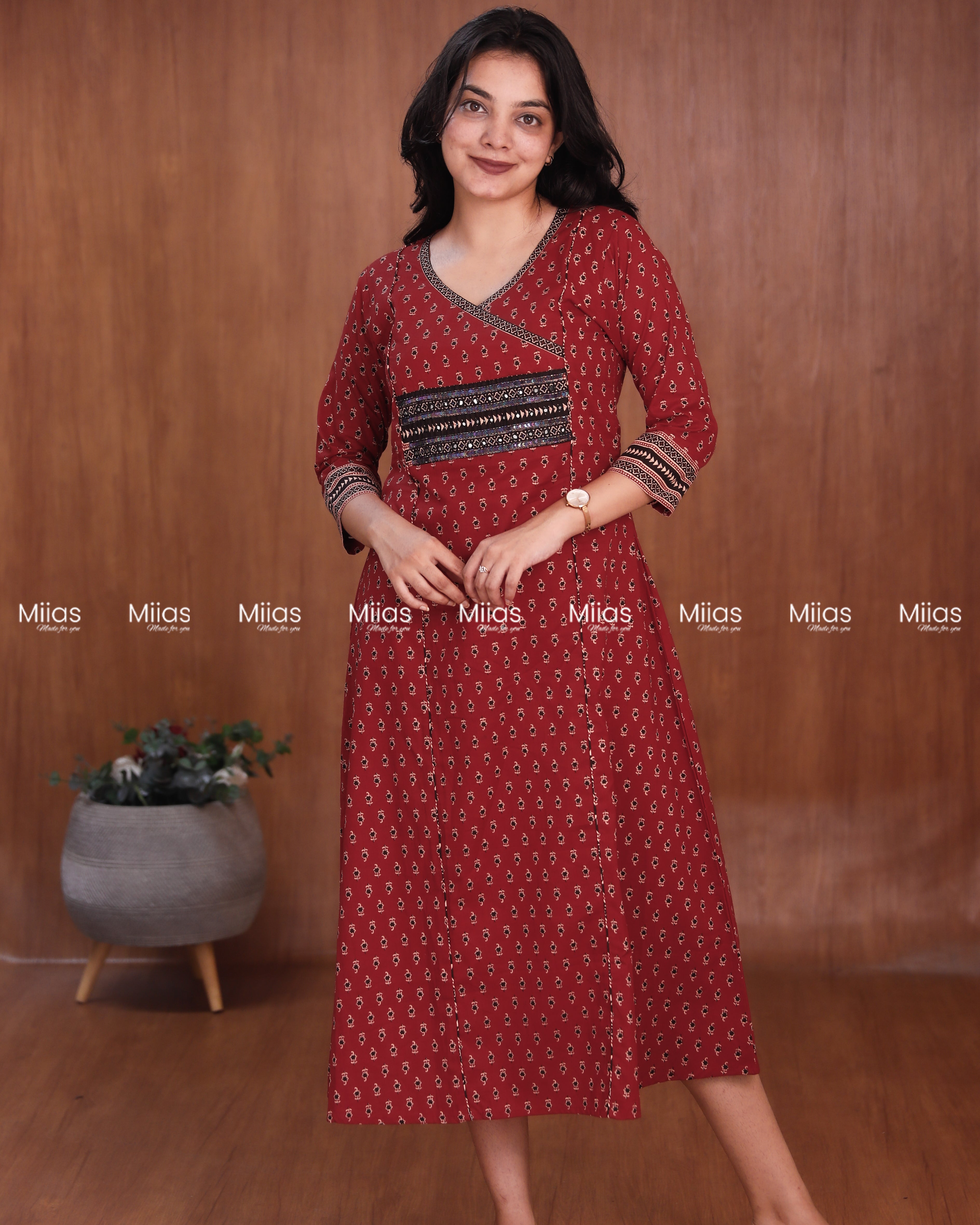 Ajrakh Cotton 3-Panel Kurti | Beaded Yoke + Contrast Piping | Brick Red