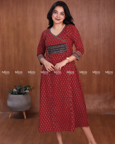 Ajrakh Cotton 3-Panel Kurti | Beaded Yoke + Contrast Piping | Brick Red