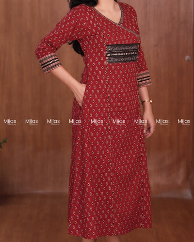 Ajrakh Cotton 3-Panel Kurti | Beaded Yoke + Contrast Piping | Brick Red