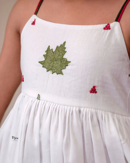 Mul Cotton Frock | Embroidered Yoke & Noodle Strap Sleeves-White.