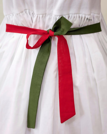 Mul Cotton Frock | Embroidered Yoke & Noodle Strap Sleeves-White.