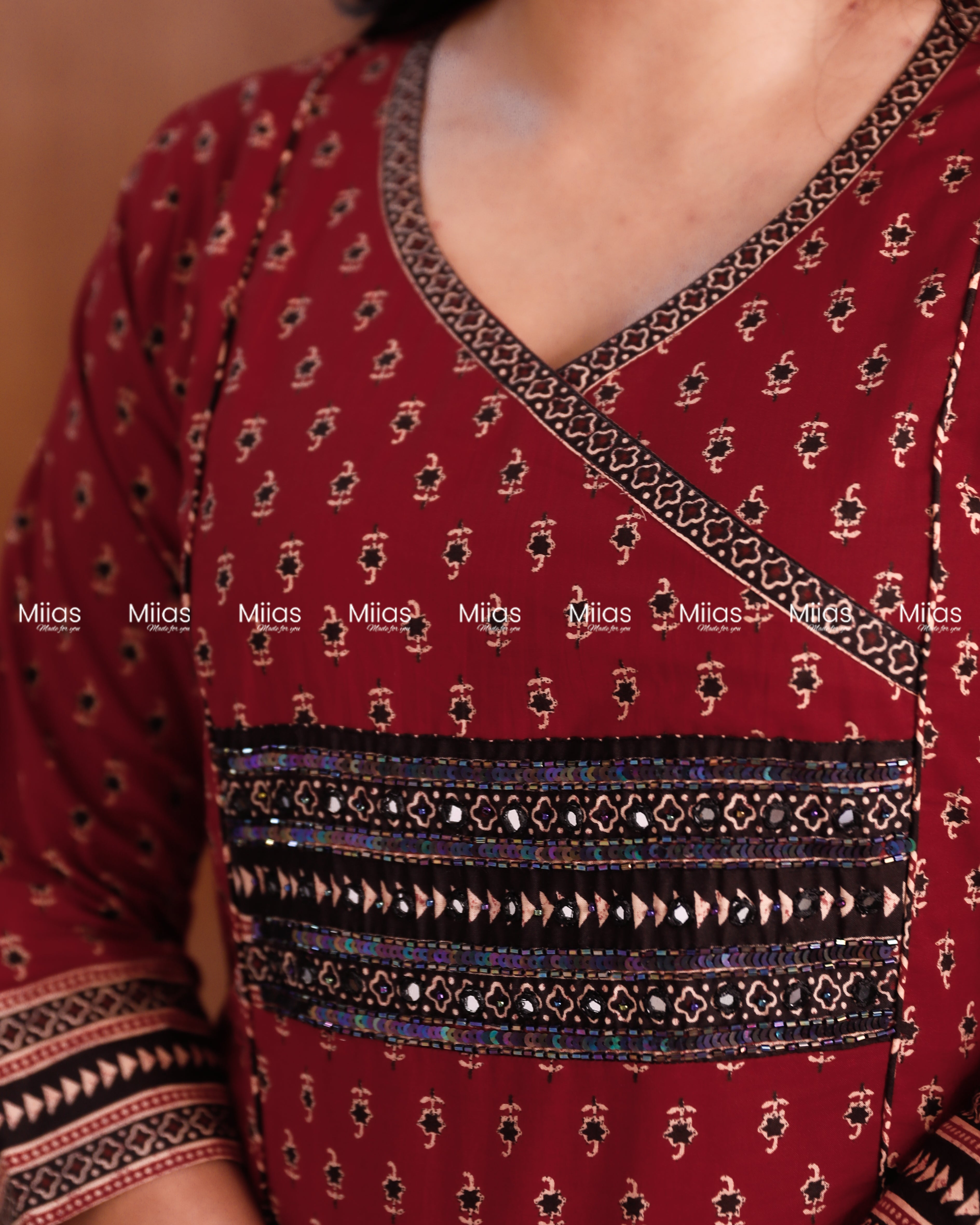 Ajrakh Cotton 3-Panel Kurti | Beaded Yoke + Contrast Piping | Brick Red
